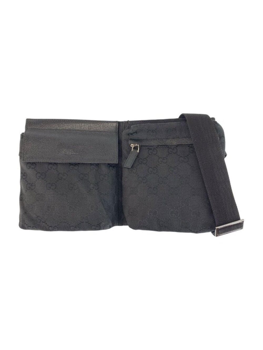 Gucci Black Silver GG Canvas Leather Belt Bag Waist Pouch